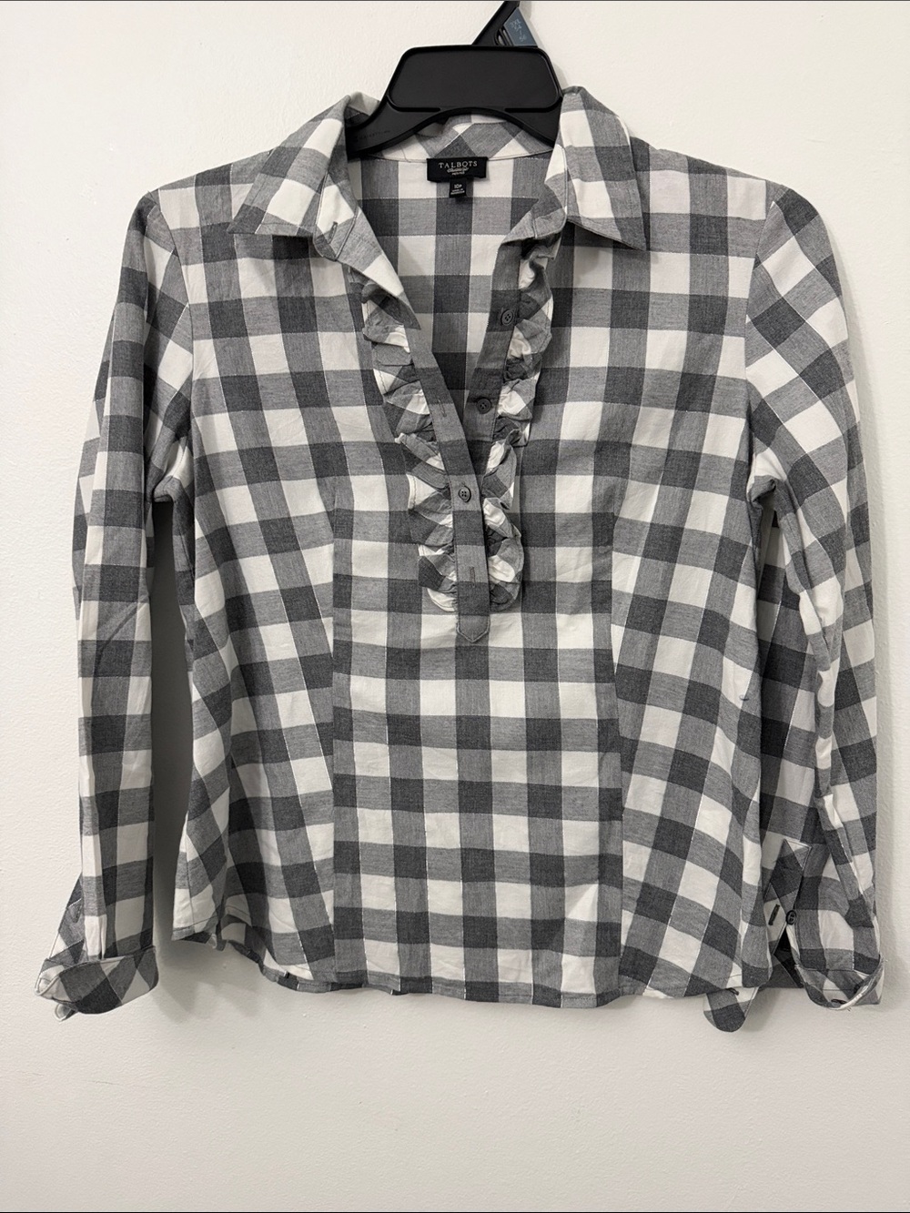 Talbots Gray and White Check Ruffle-Placket Button Down Shirt